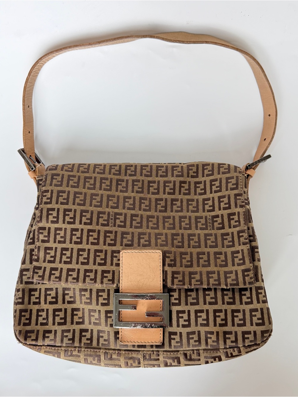 Vintage Fendi Zucchino Mama Baguette Shoulder Bag with Tan Leather Trim